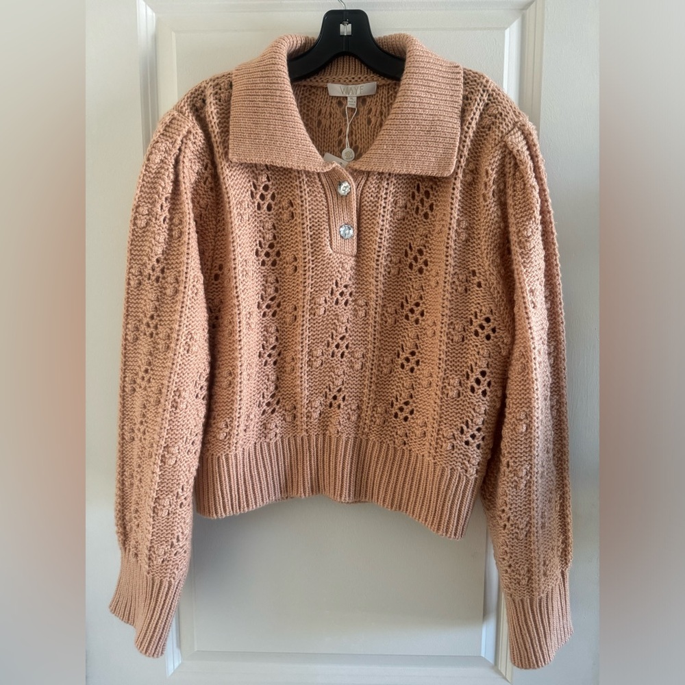 NWT WAYF Collared Cropped Sweater with Rhinestone Buttons Tan Size XL